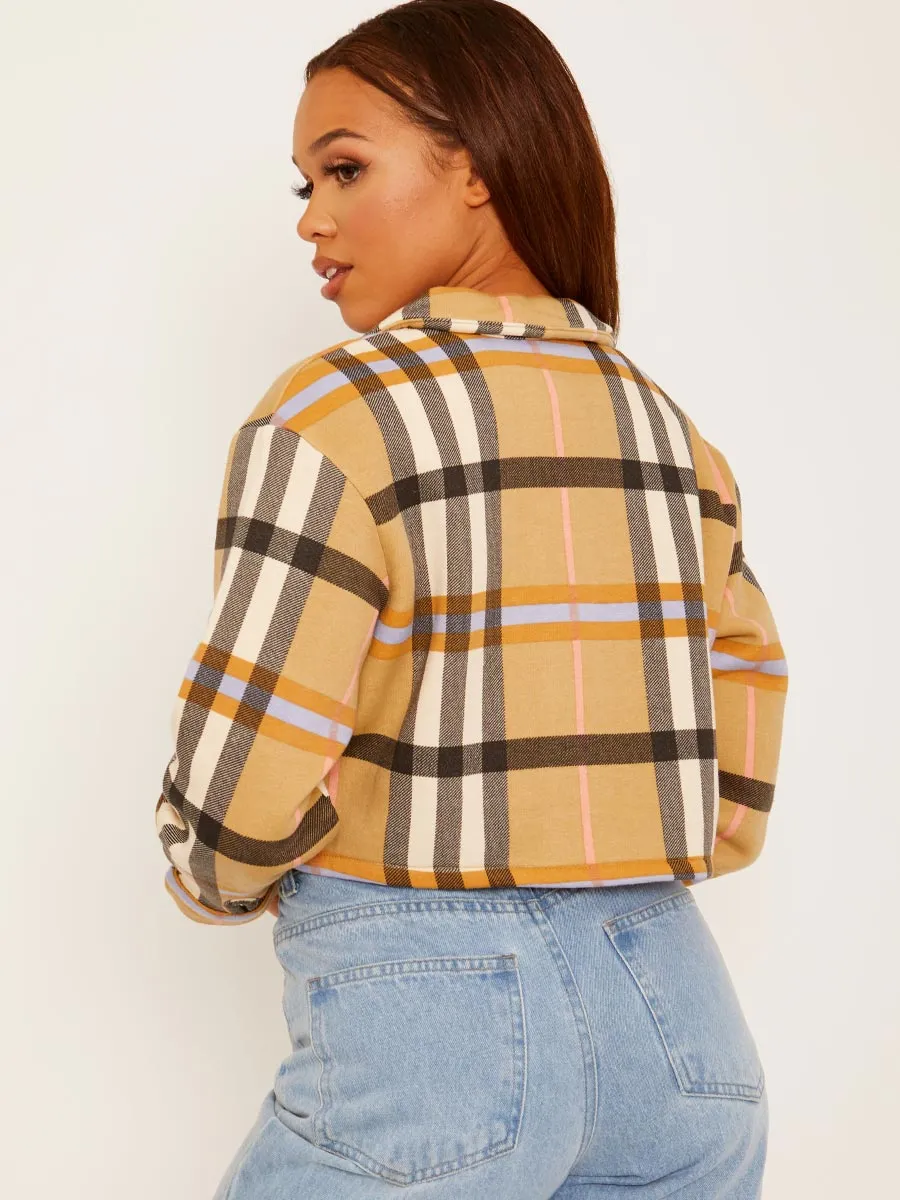 Rachel Cropped Colour Block Checked Shacket In Camel