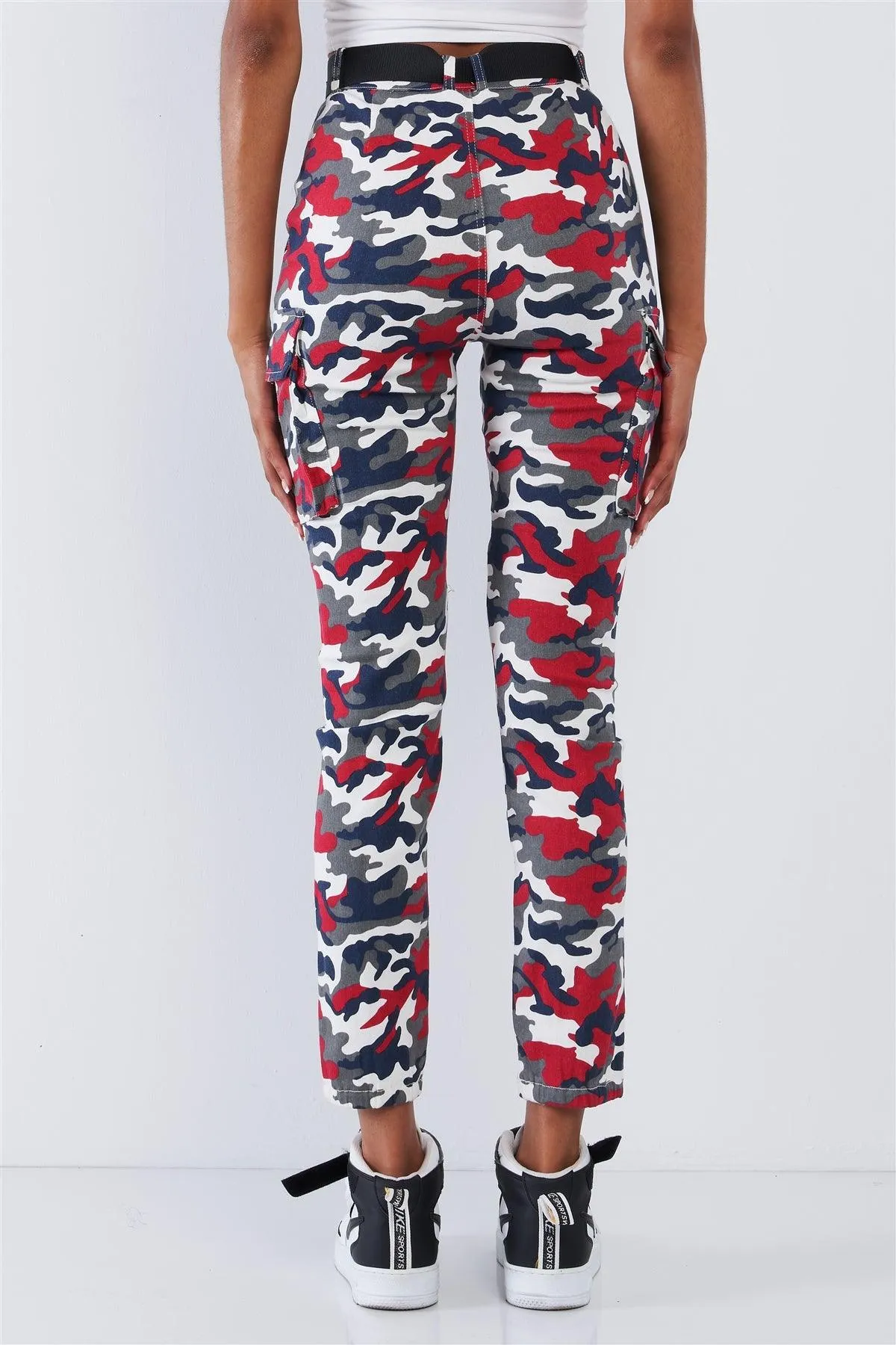 Red Camouflage Side Buckle Belted Cargo Pants