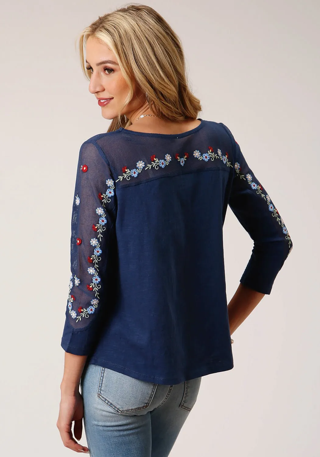 Roper Womens Floral Mesh Blue 100% Cotton 3/4 Sleeve S/S Tunic