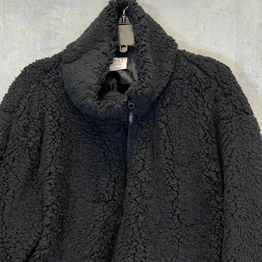 SAGE COLLECTIVE Women's Black Teddy Half Zip Jetsetter Faux Shearling Cropped Jacket SZ M