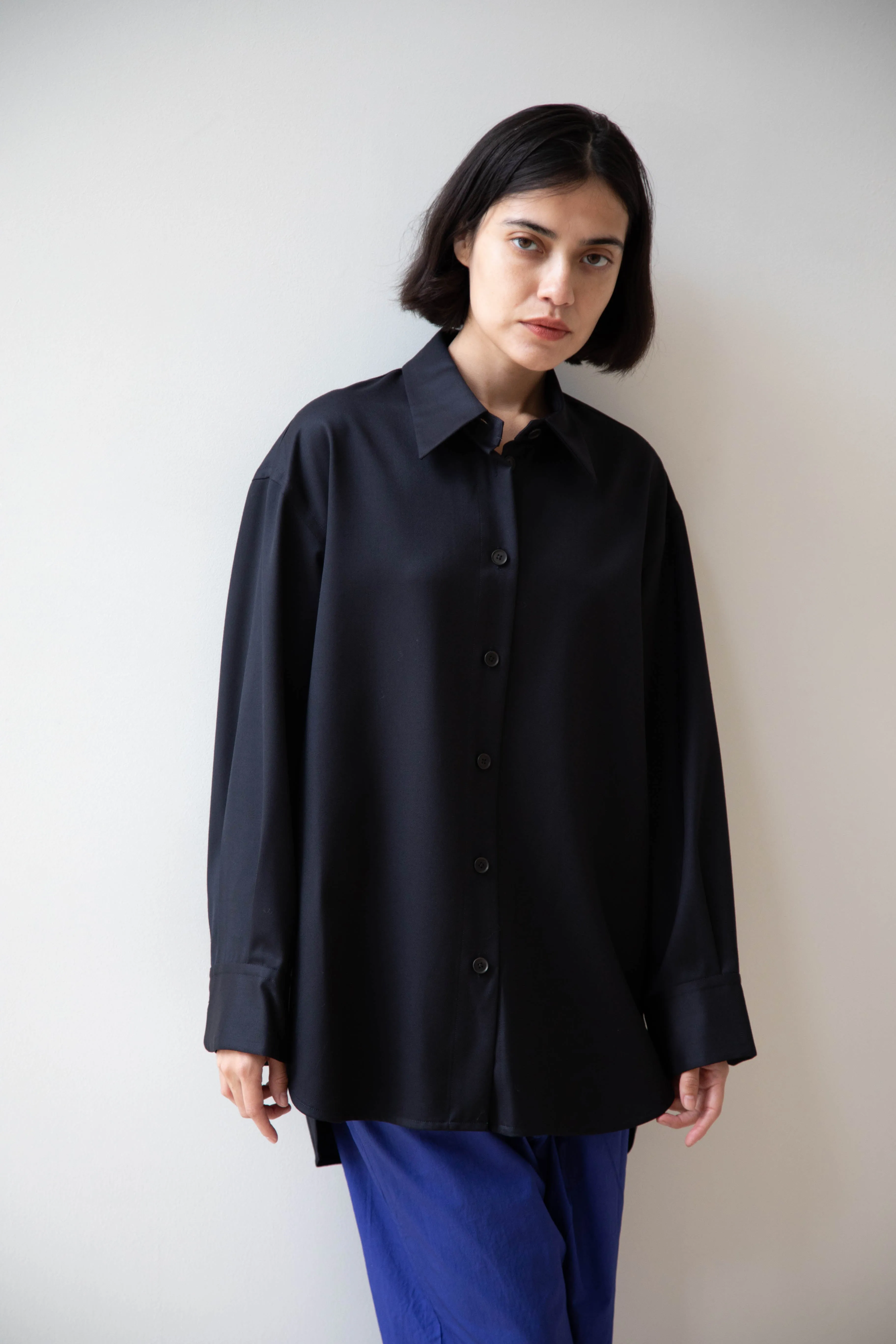 Sayaka Davis | Oversized Shirt in Navy Wool Gabardine