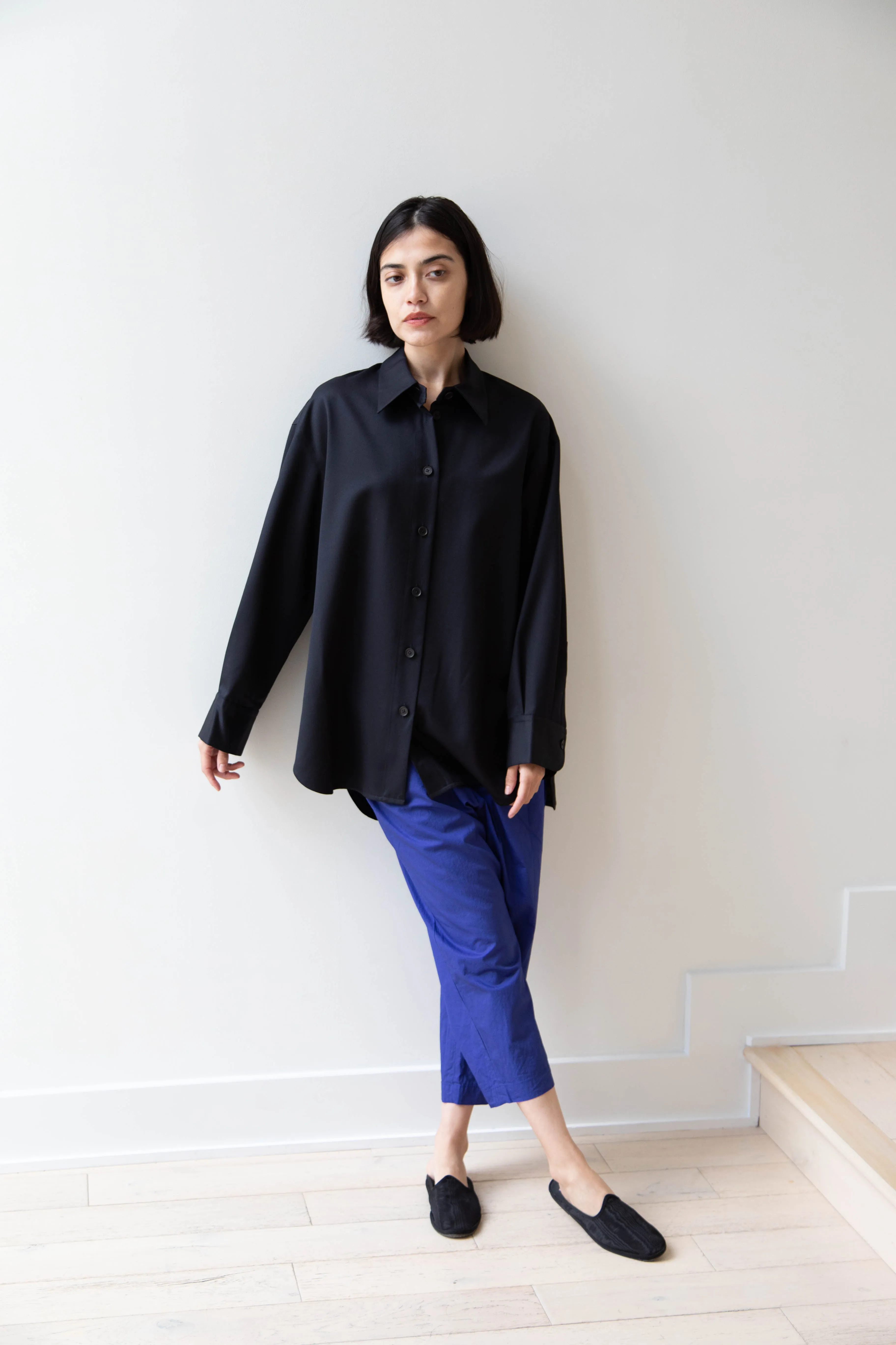 Sayaka Davis | Oversized Shirt in Navy Wool Gabardine