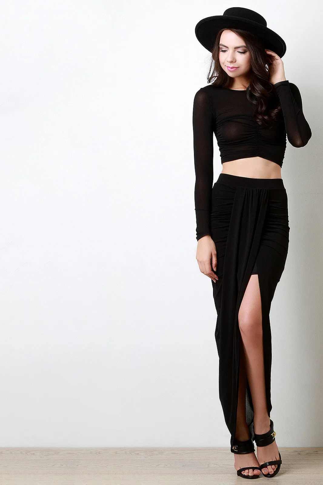 Semi-Sheer Mesh Ruched Draped Skirt