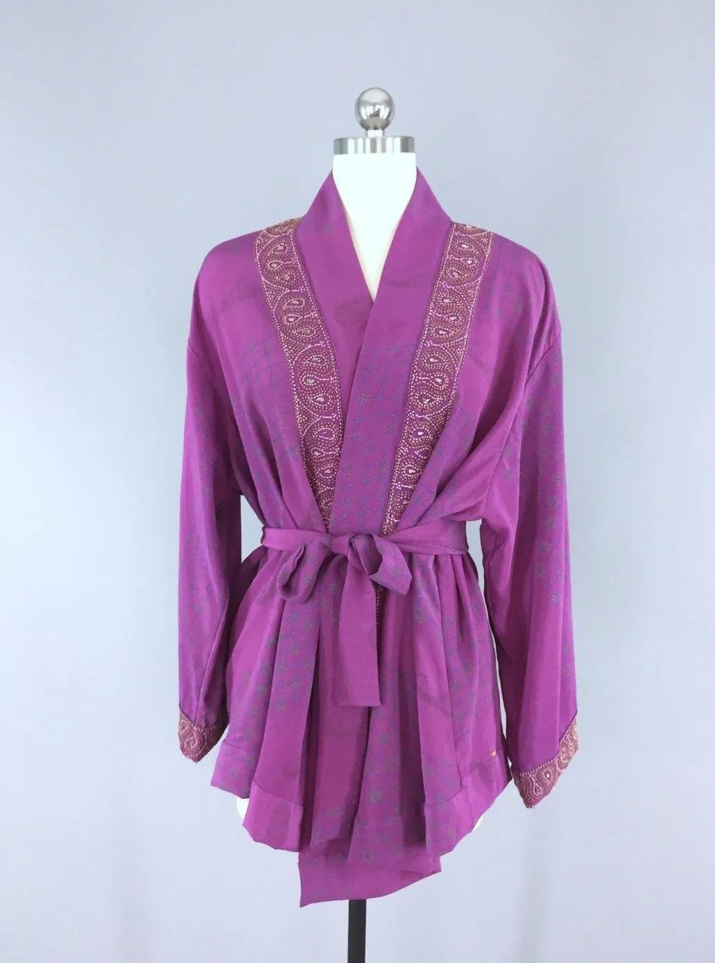 Silk Kimono Cardigan / Vintage Indian Sari / Purple French Knot Paisley