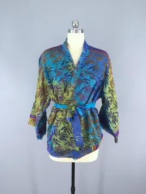 Silk Kimono Cardigan / Vintage Indian Sari / Turquoise Blue Palms