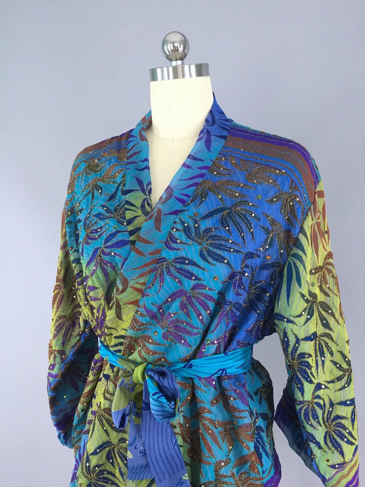 Silk Kimono Cardigan / Vintage Indian Sari / Turquoise Blue Palms