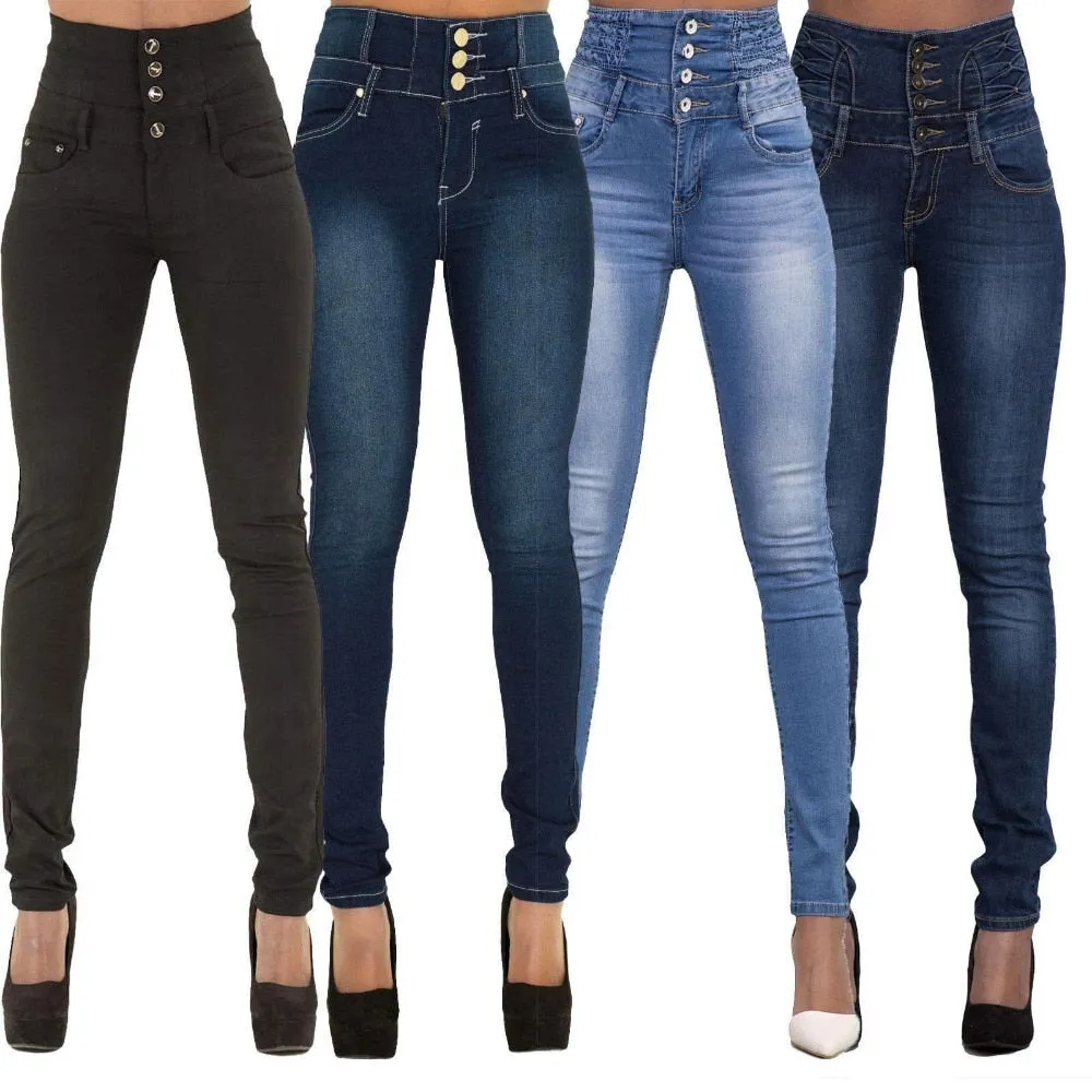 Stretchy Denim Skinny Button Front High Waist Jeans