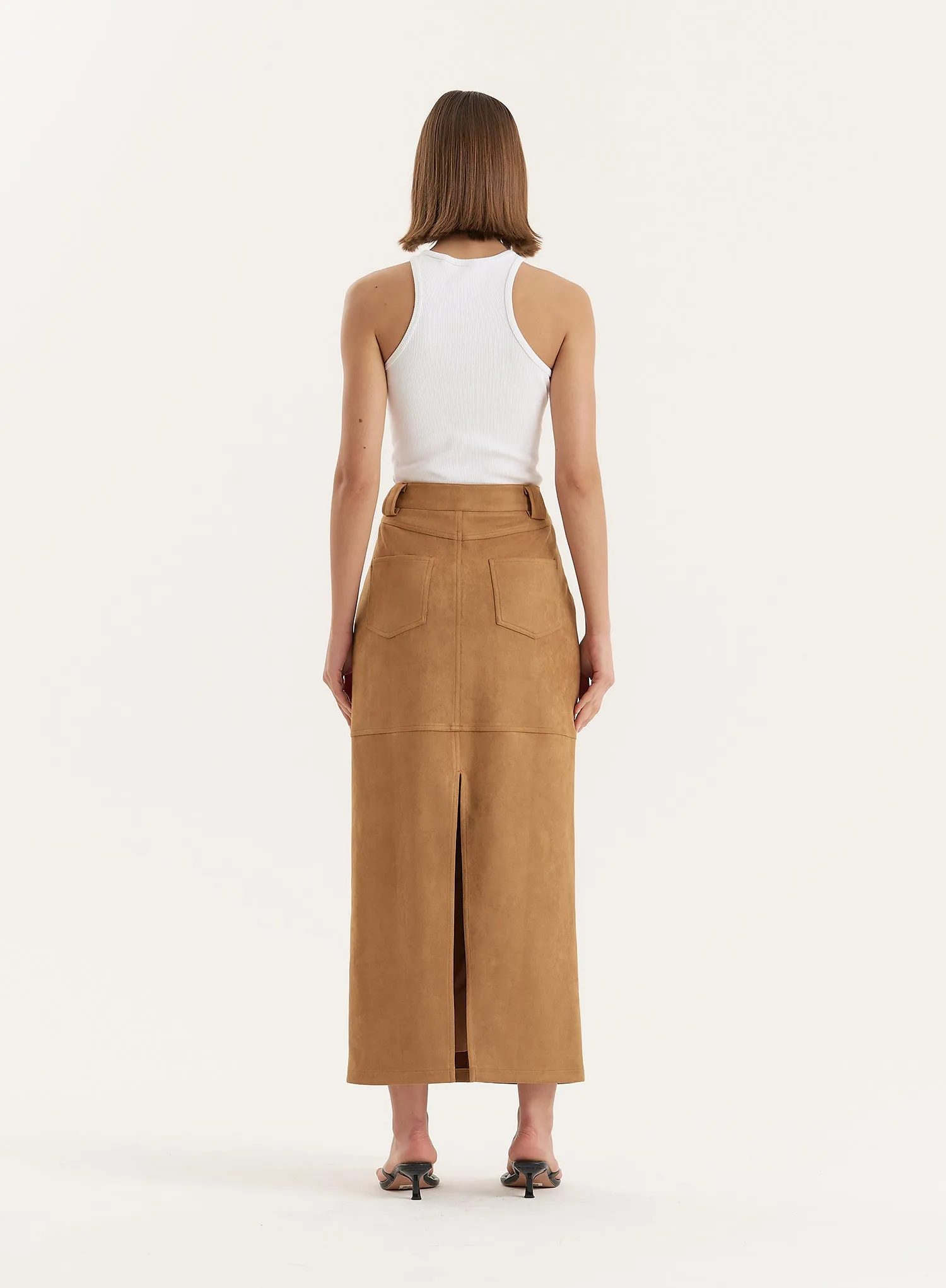 Tan Faux Suede Maxi Skirt- Stephy