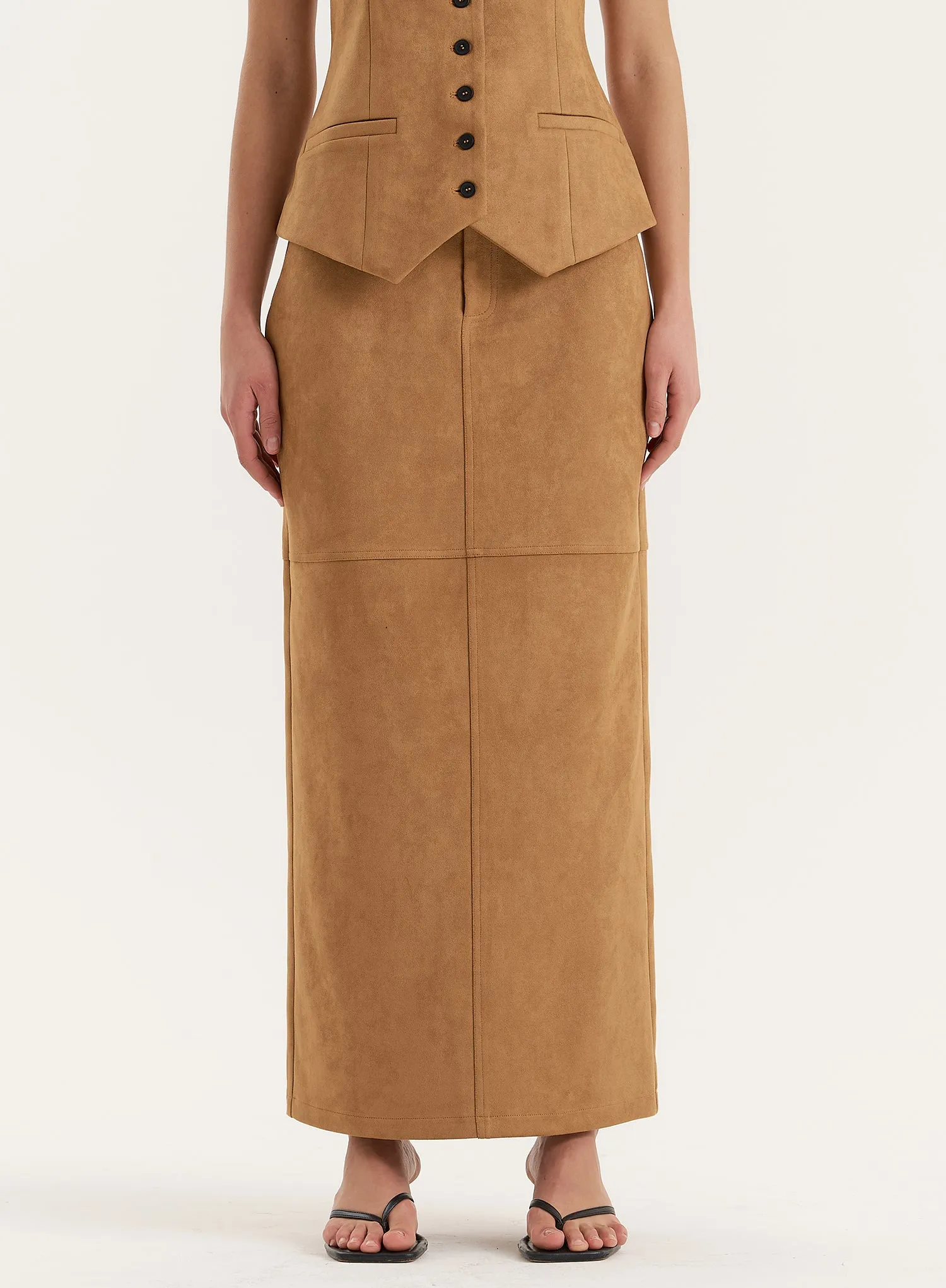 Tan Faux Suede Maxi Skirt- Stephy