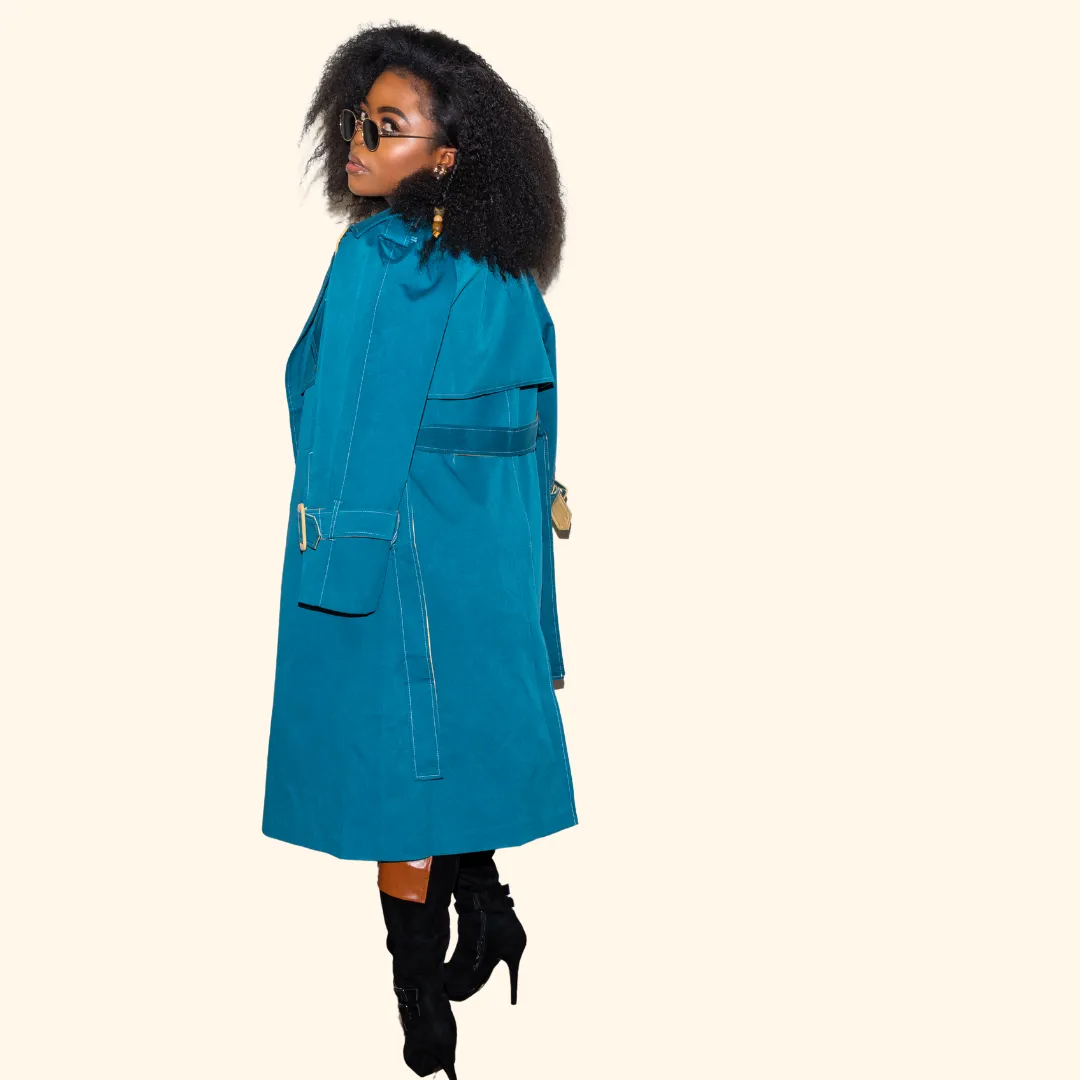 Teal Contrast Lapel Button Trench Coat