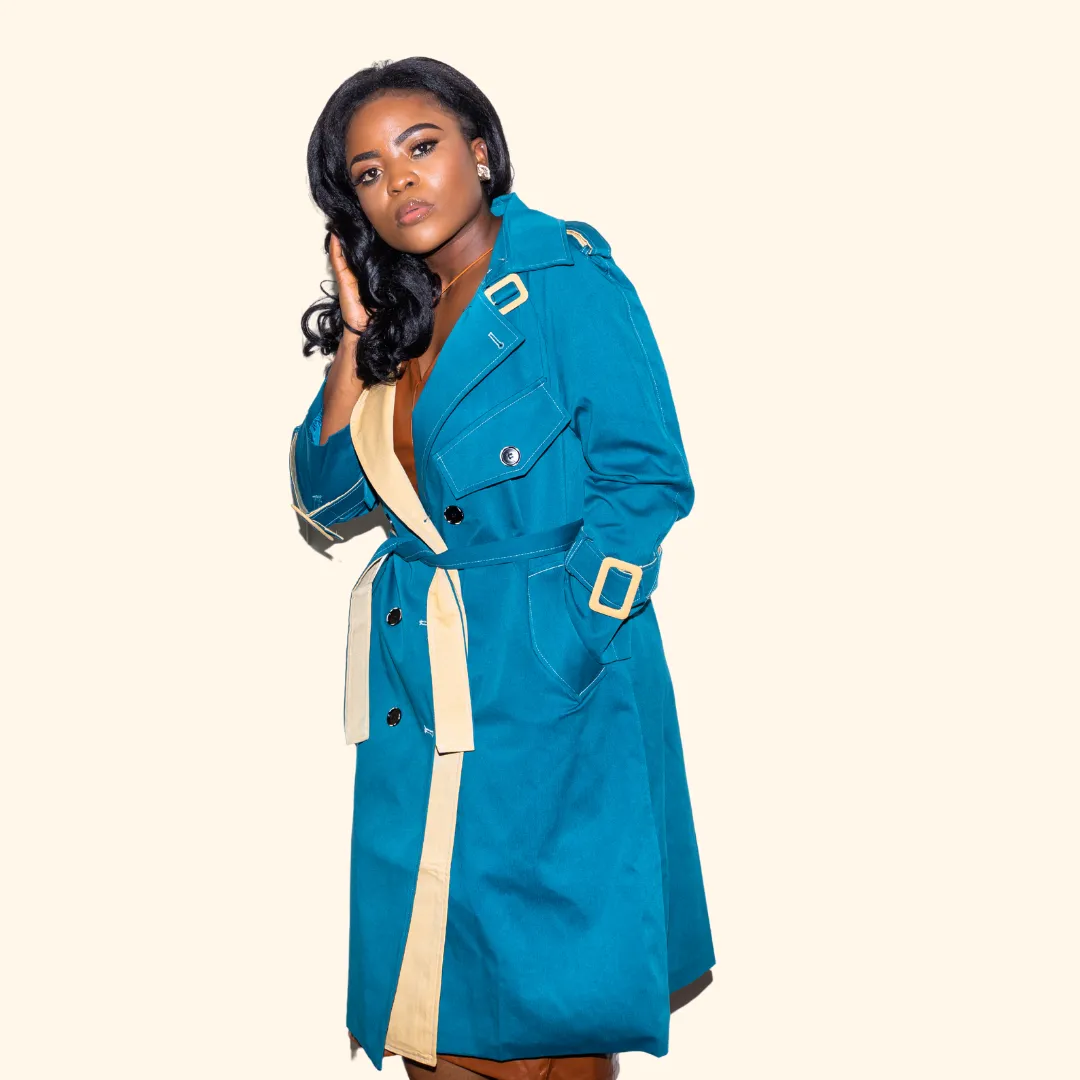 Teal Contrast Lapel Button Trench Coat