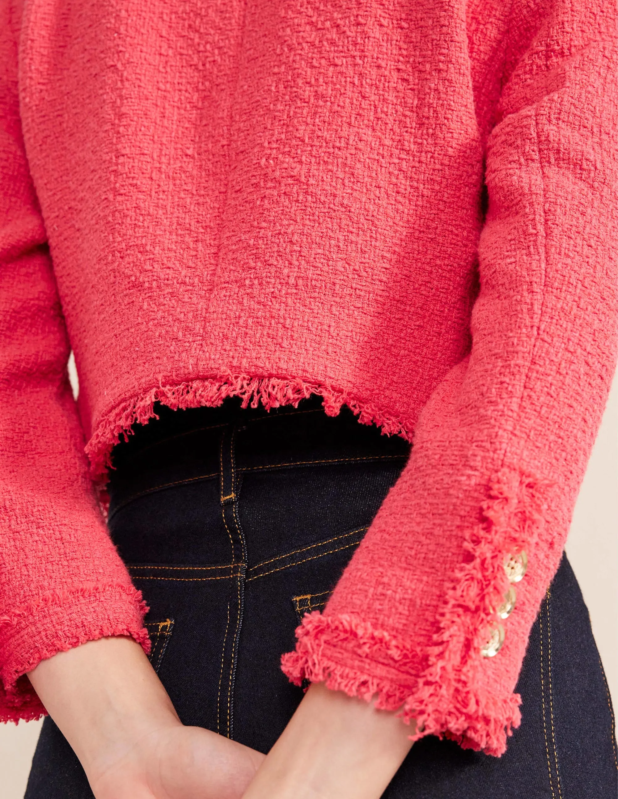 Textured Fitted Cropped Jacket-Coral