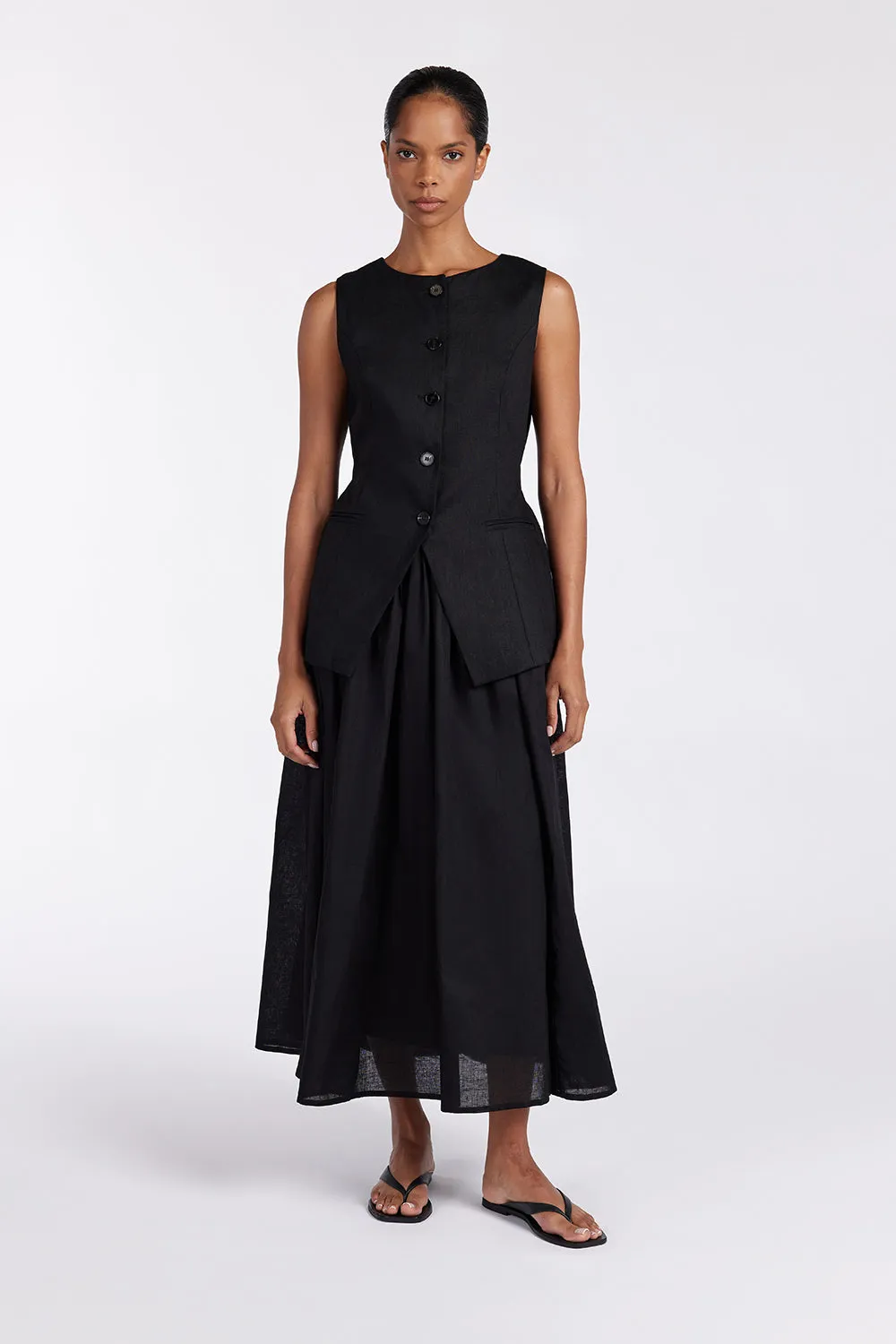 TIA BLACK LINEN CIRCLE MIDI SKIRT 