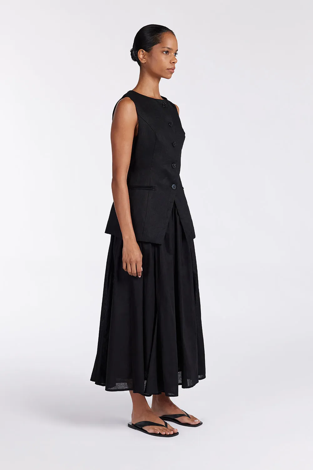 TIA BLACK LINEN CIRCLE MIDI SKIRT 