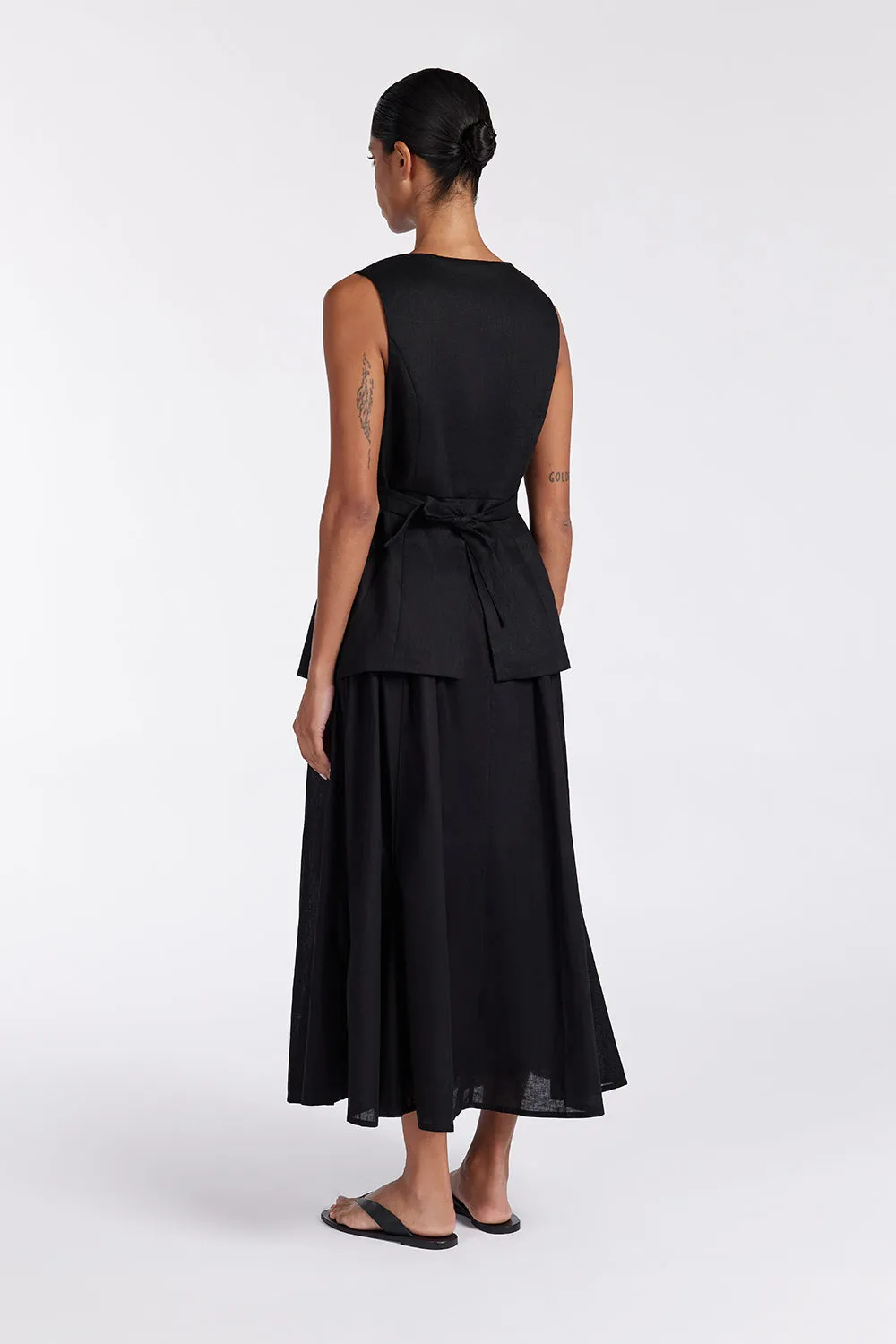 TIA BLACK LINEN CIRCLE MIDI SKIRT 