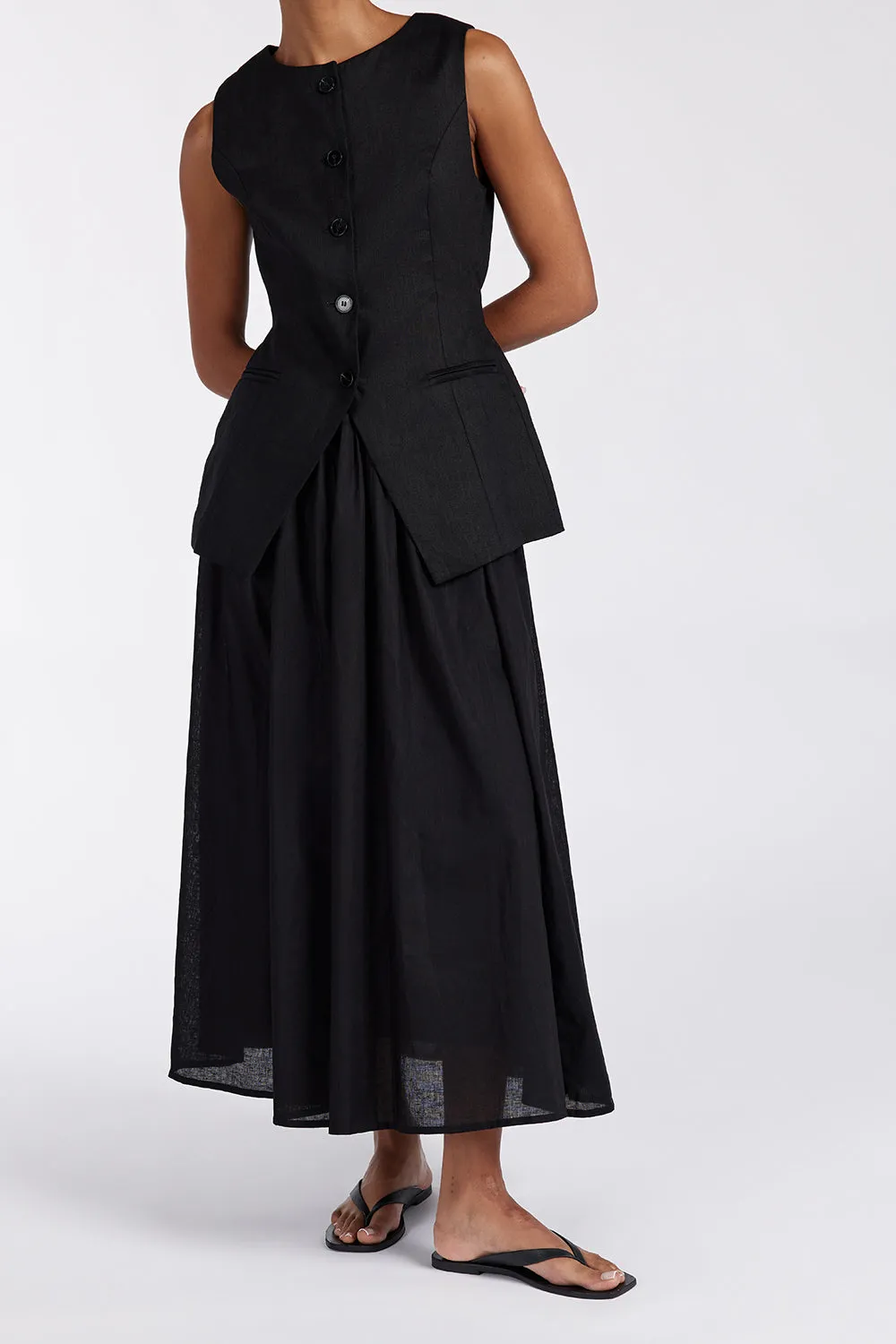 TIA BLACK LINEN CIRCLE MIDI SKIRT 