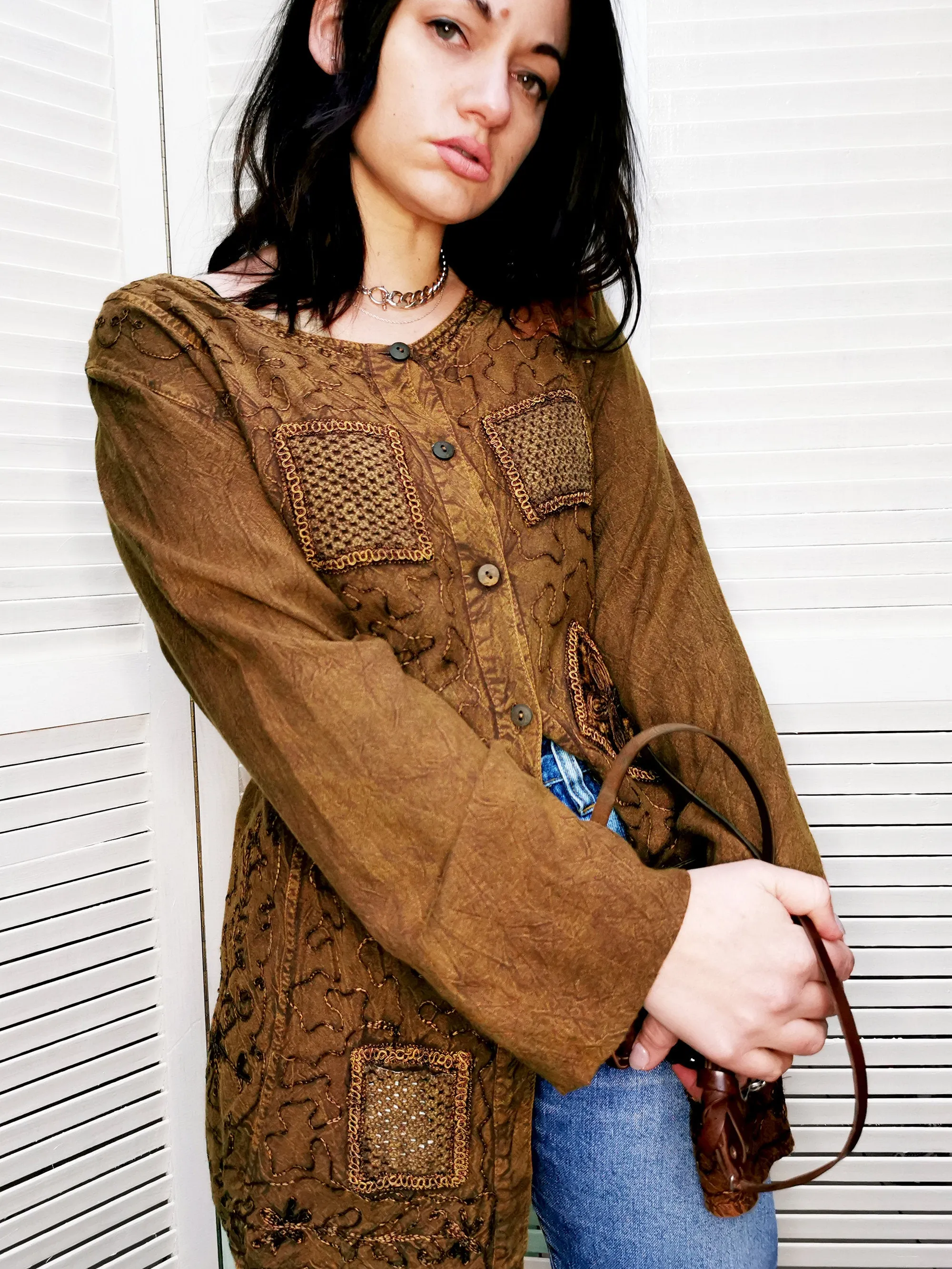 Vintage 80s brown embroidery button down tunic top