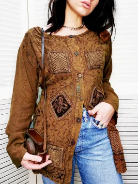 Vintage 80s brown embroidery button down tunic top