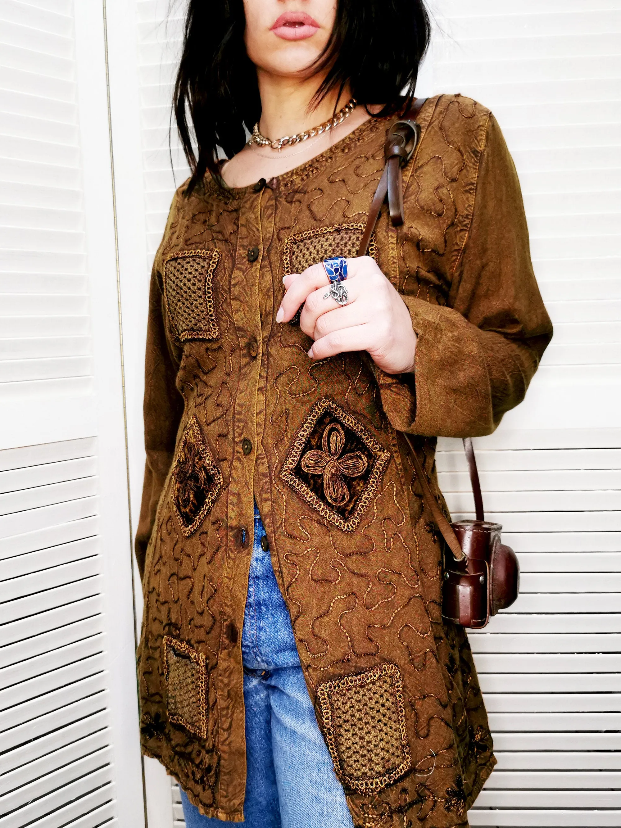 Vintage 80s brown embroidery button down tunic top