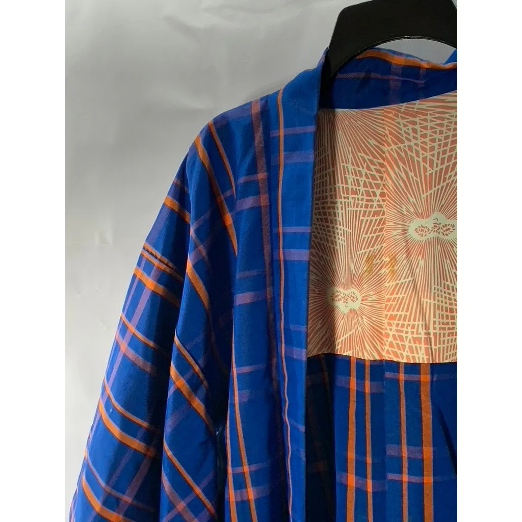 VINTAGE Men's Blue/Orange Plaid Japanese Haori Kimono Jacket SZ M