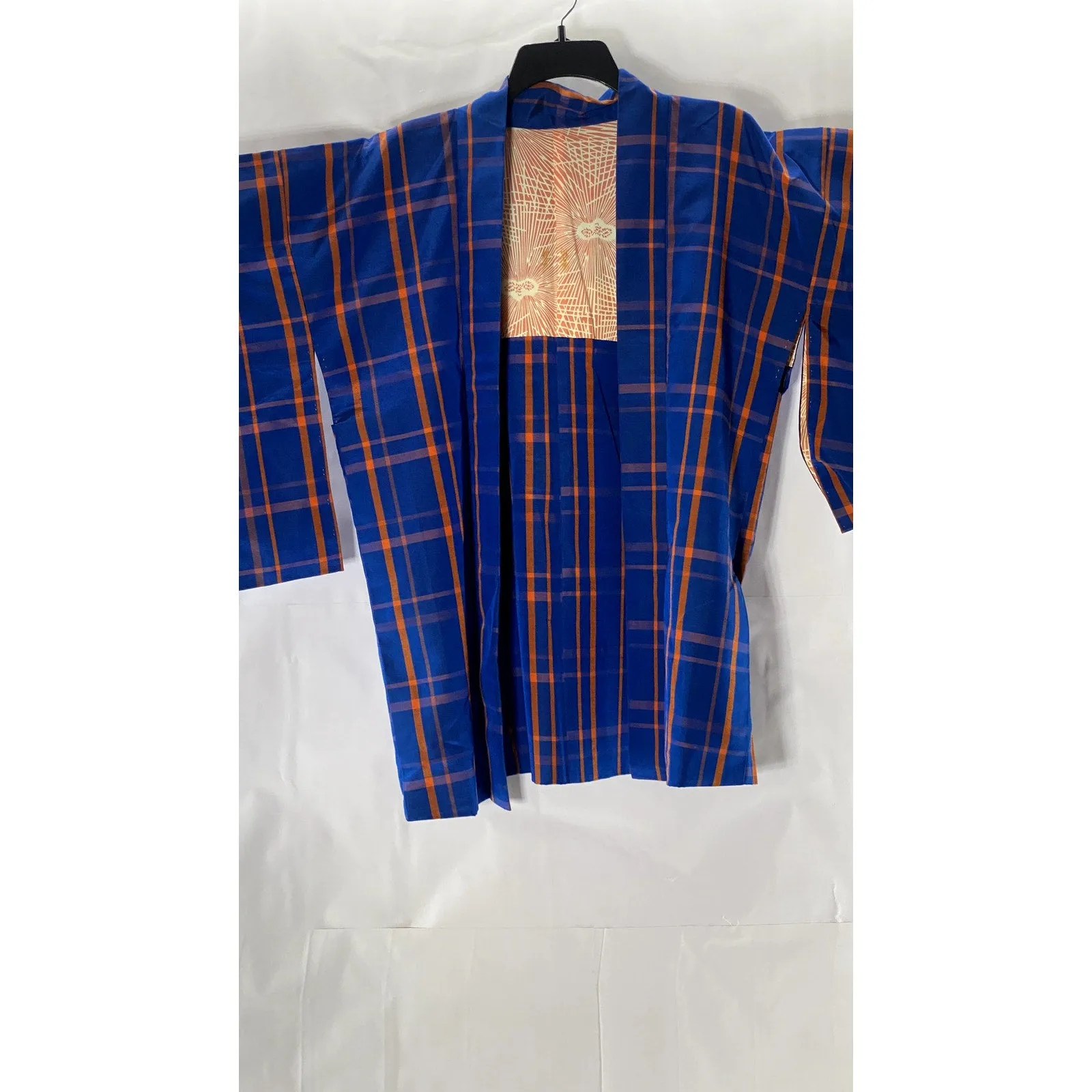 VINTAGE Men's Blue/Orange Plaid Japanese Haori Kimono Jacket SZ M