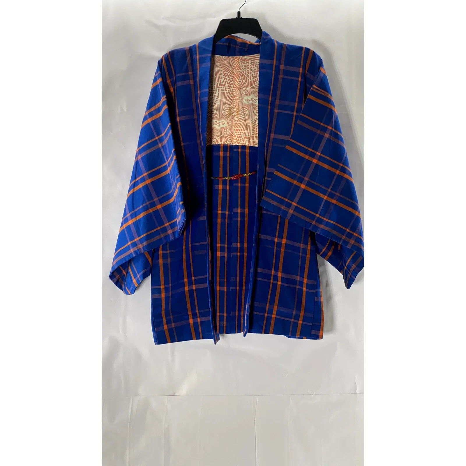 VINTAGE Men's Blue/Orange Plaid Japanese Haori Kimono Jacket SZ M