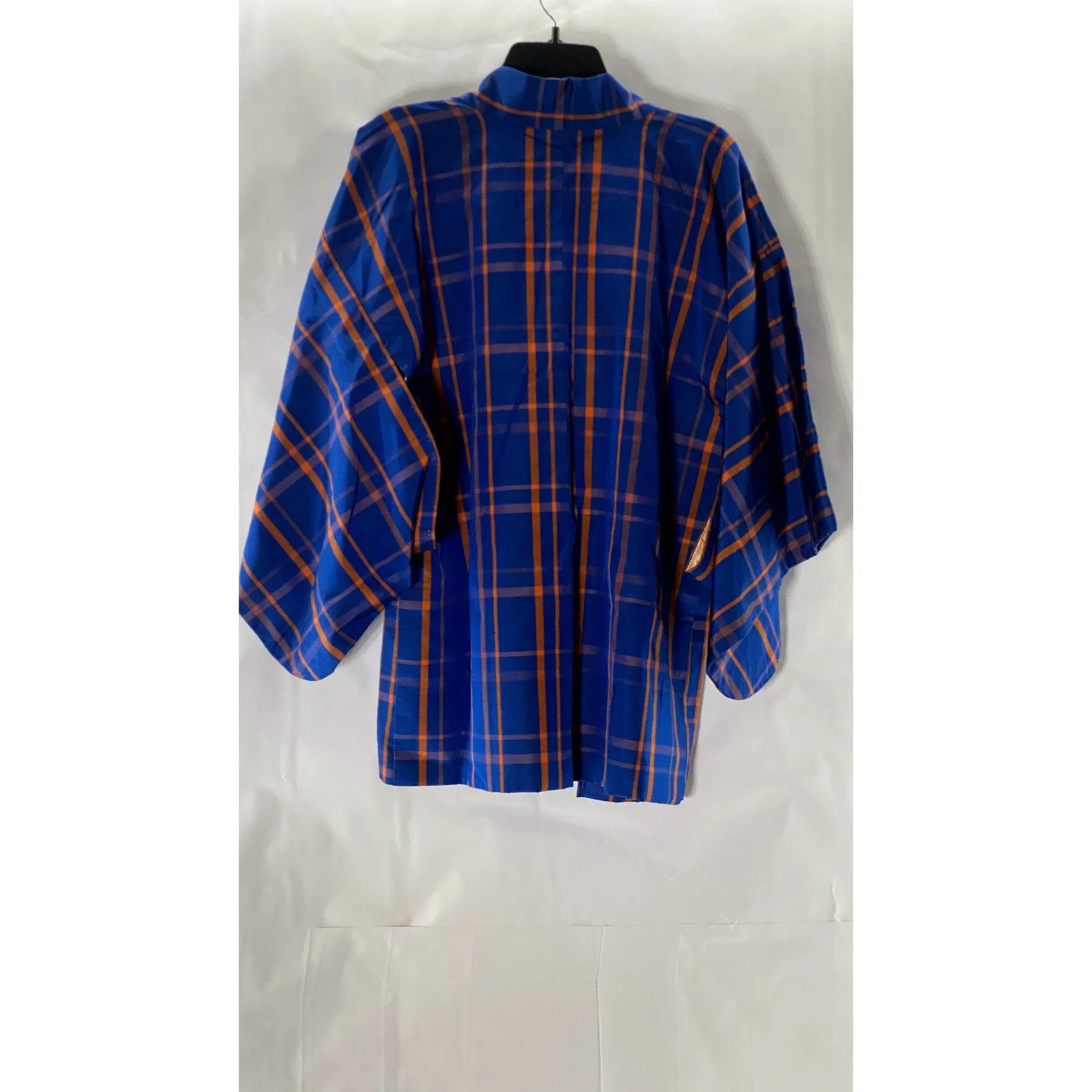 VINTAGE Men's Blue/Orange Plaid Japanese Haori Kimono Jacket SZ M