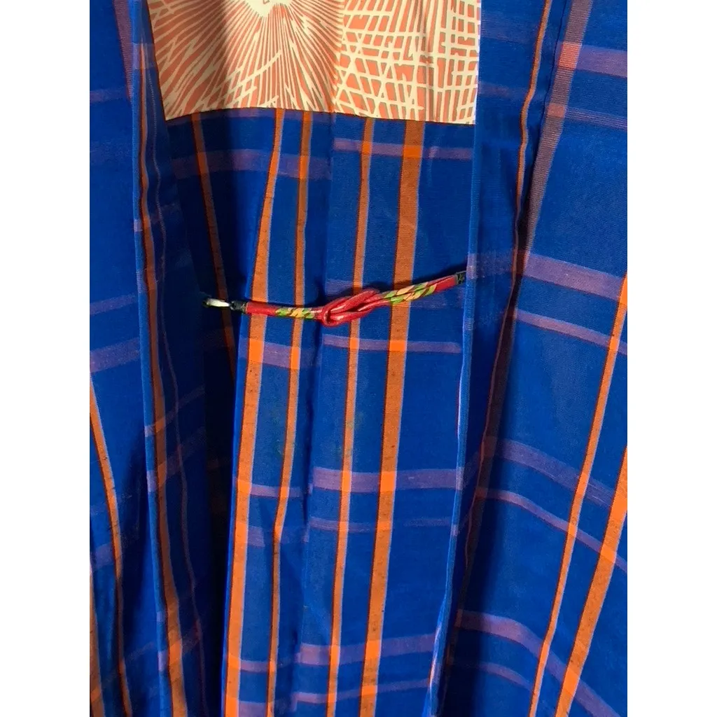 VINTAGE Men's Blue/Orange Plaid Japanese Haori Kimono Jacket SZ M