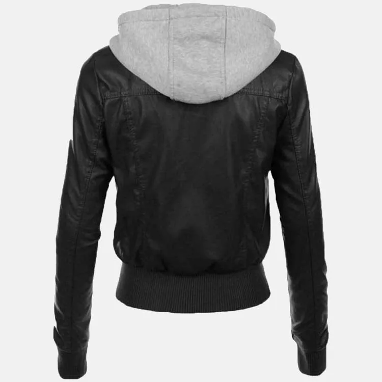 Women’s Black Leather Removable Gray Hooded Bomber Jacket