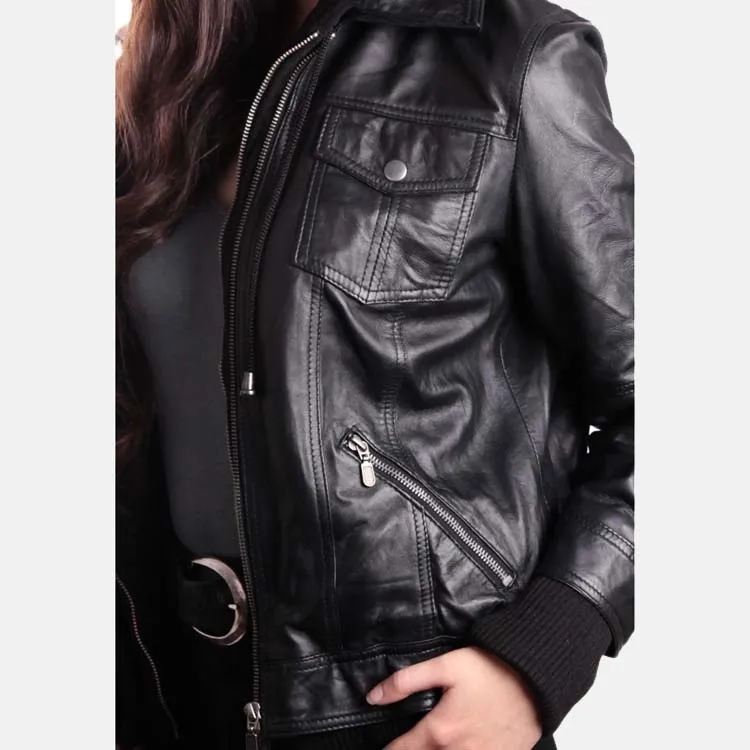 Women’s Black Leather Removable Hooded Bomber Jacket