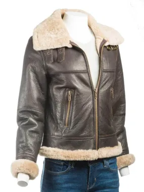 Womens Brown B3 Bomber Aviator Shearling Jacket