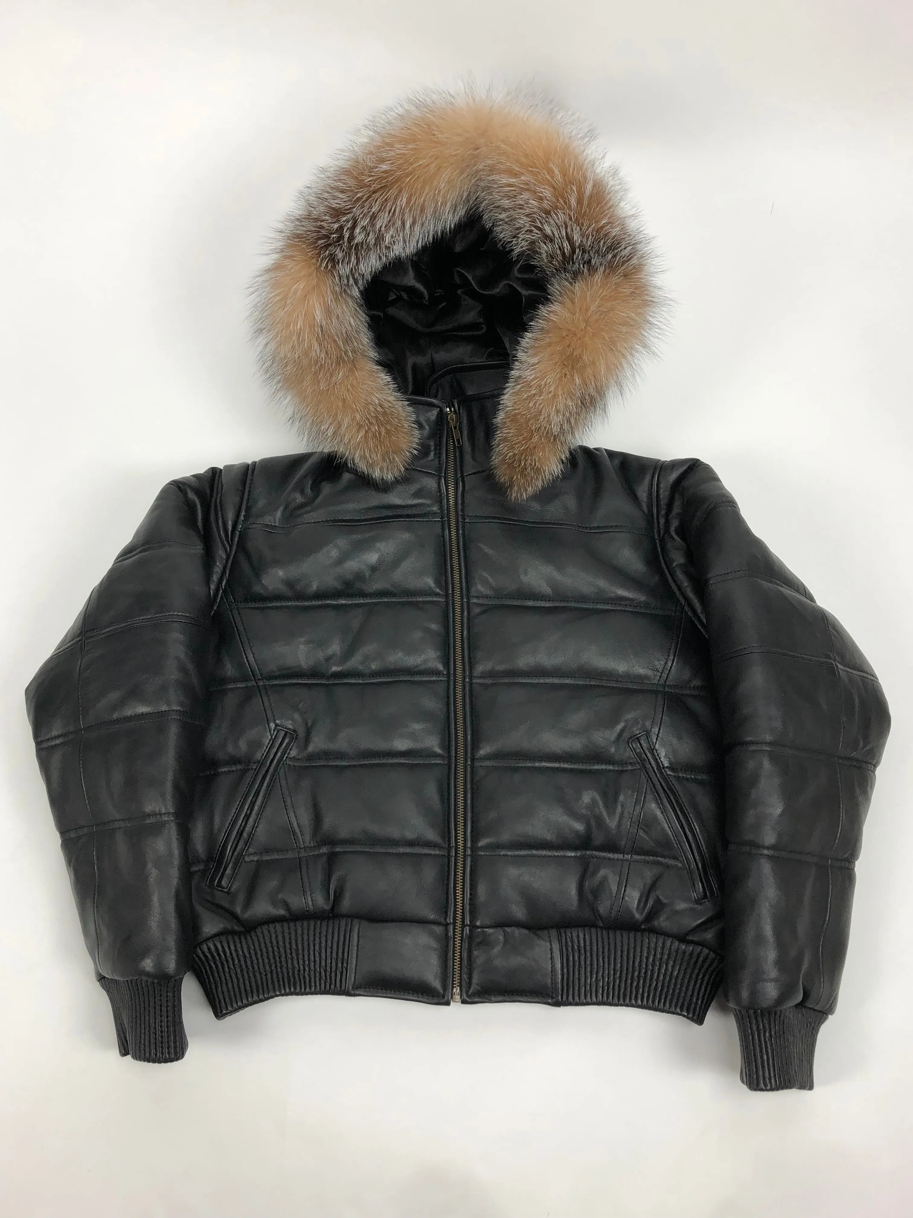 Women's Leather Snorkel Bomber Jacket Premium Fox (crystal fur)