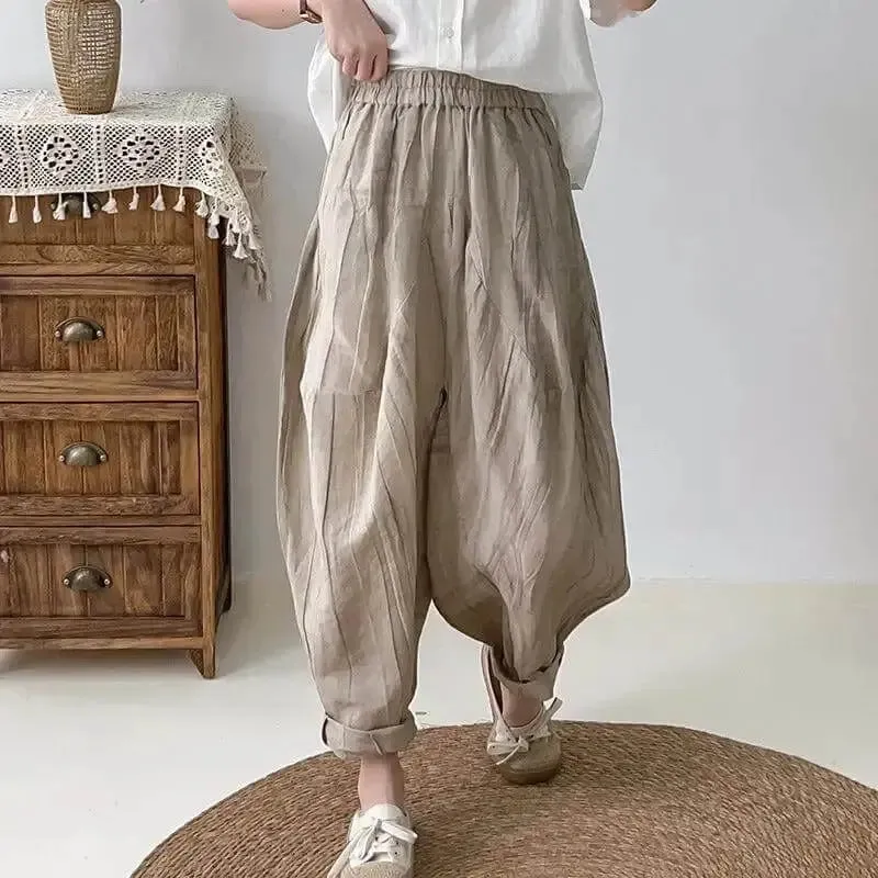 Women's Loose Fit Pants - Elastic Waist Linen Harem Pants with Pockets