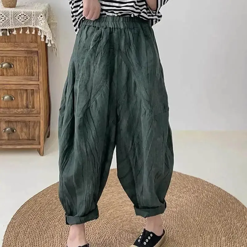 Women's Loose Fit Pants - Elastic Waist Linen Harem Pants with Pockets