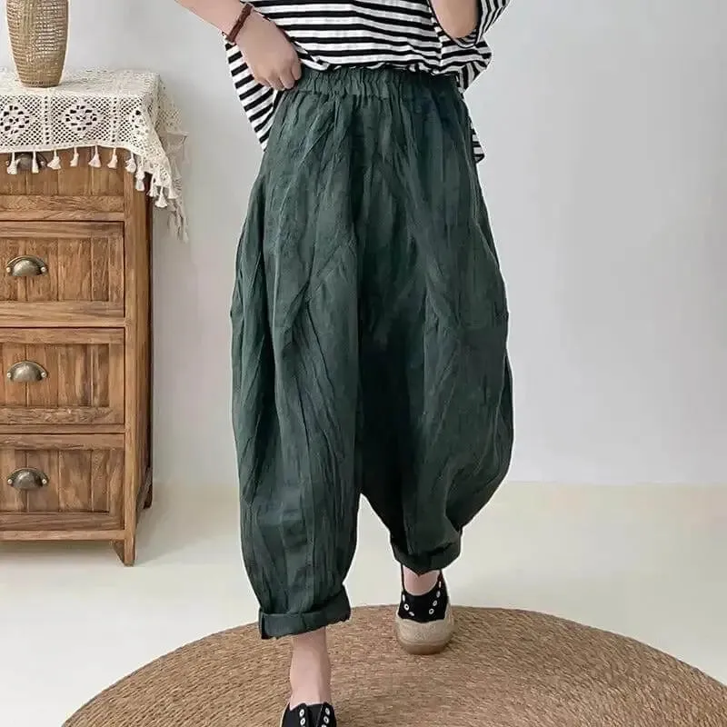 Women's Loose Fit Pants - Elastic Waist Linen Harem Pants with Pockets