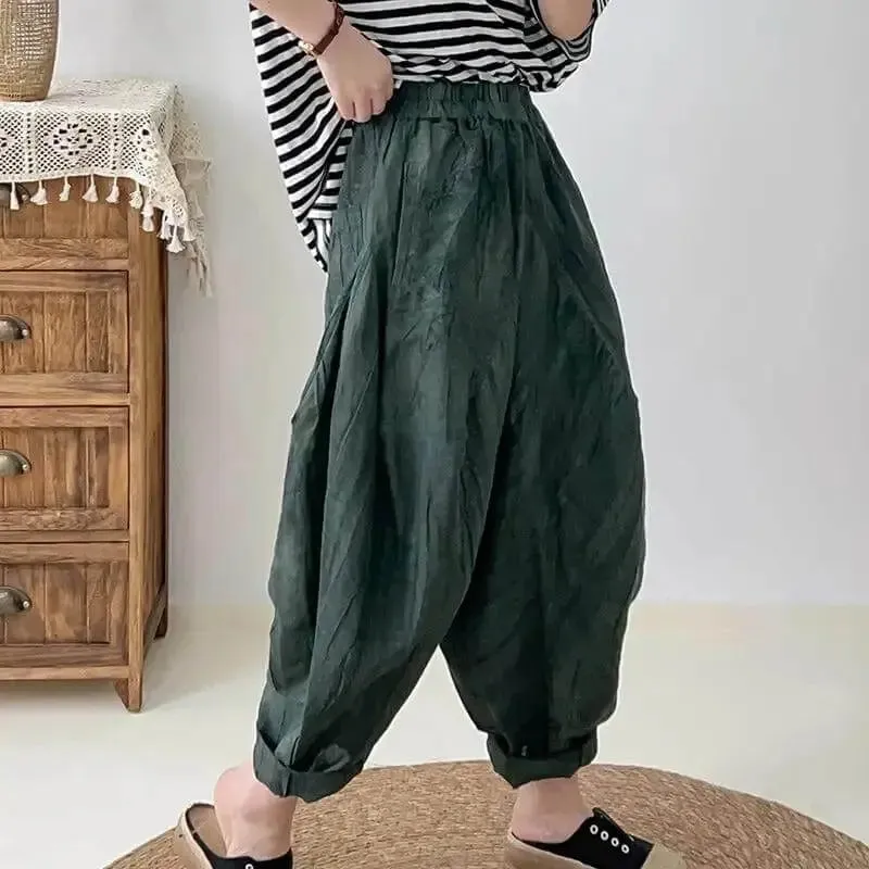 Women's Loose Fit Pants - Elastic Waist Linen Harem Pants with Pockets