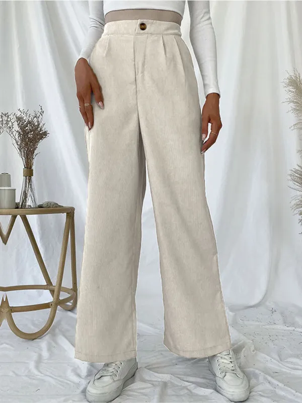 Women's Solid Color High Waist Wide Leg Corduroy Pants